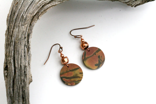Red Creek Jasper Earrings – Natural Gemstone Disc Earrings with Copper Accent Beads, Boho Style