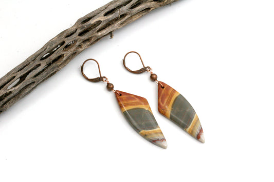 Colorful Jasper Dangle Earrings, Copper Accents, Fall Autumn Jewelry