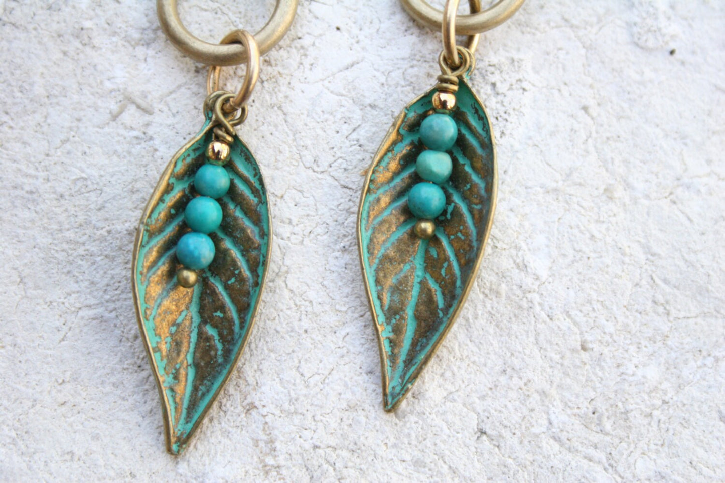 Boho Bronze Patina Leaf Earrings with Turquoise