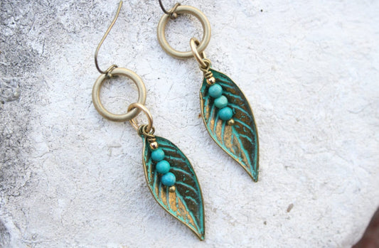 Boho Bronze Patina Leaf Earrings with Turquoise