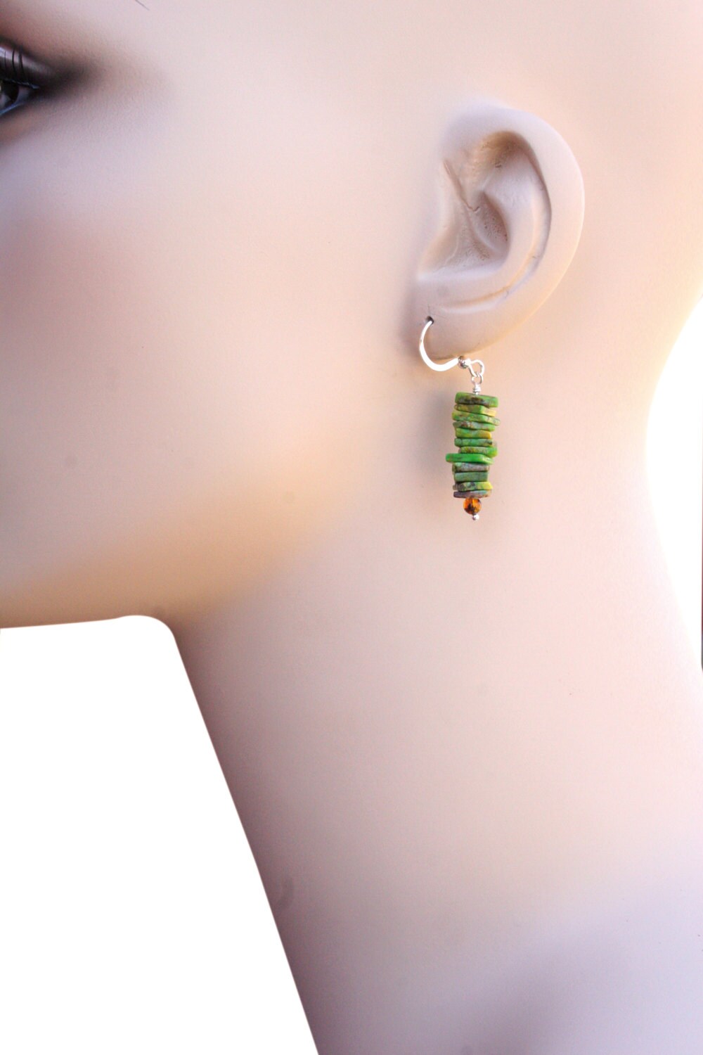 Rustic Green Turquoise Chip & Amber Earrings with Sterling Silver