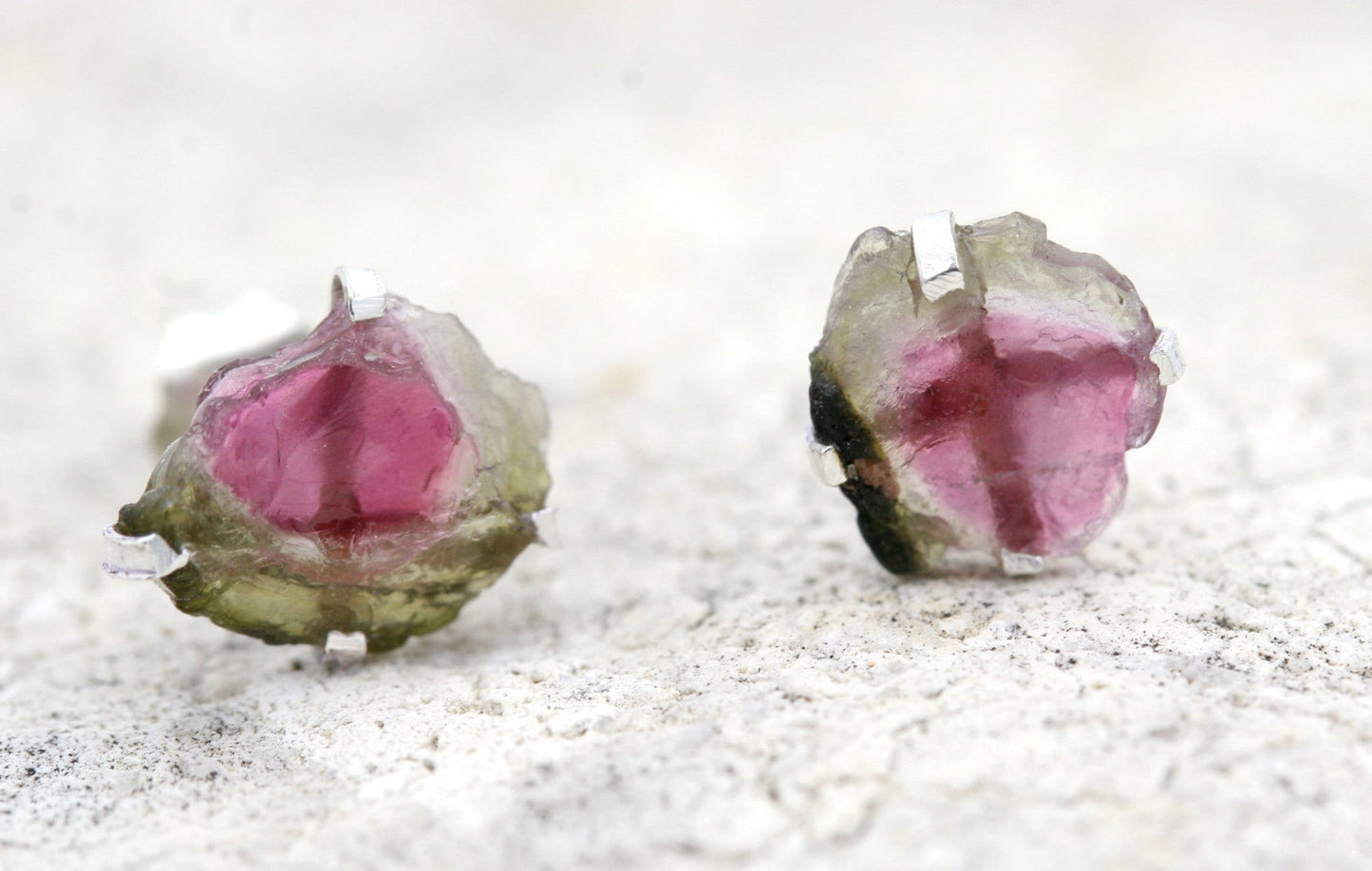 Raw Watermelon Tourmaline Stud Earrings