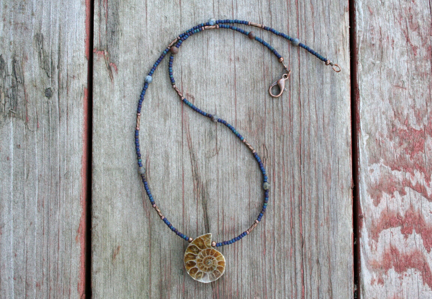 Ammonite Spiral Shell Necklace with seed beads