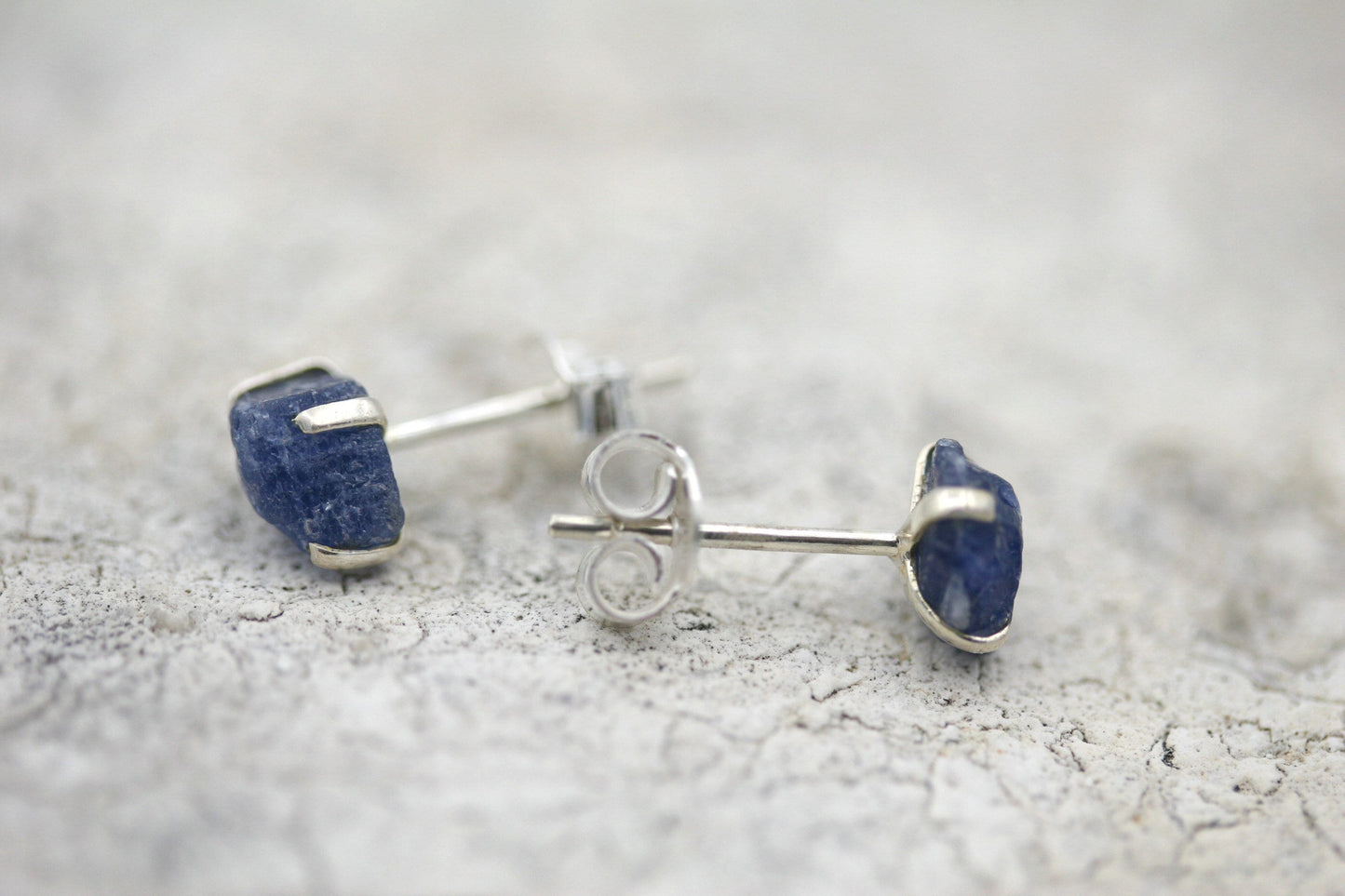 Raw Sapphire Stud Earrings in Sterling Silver