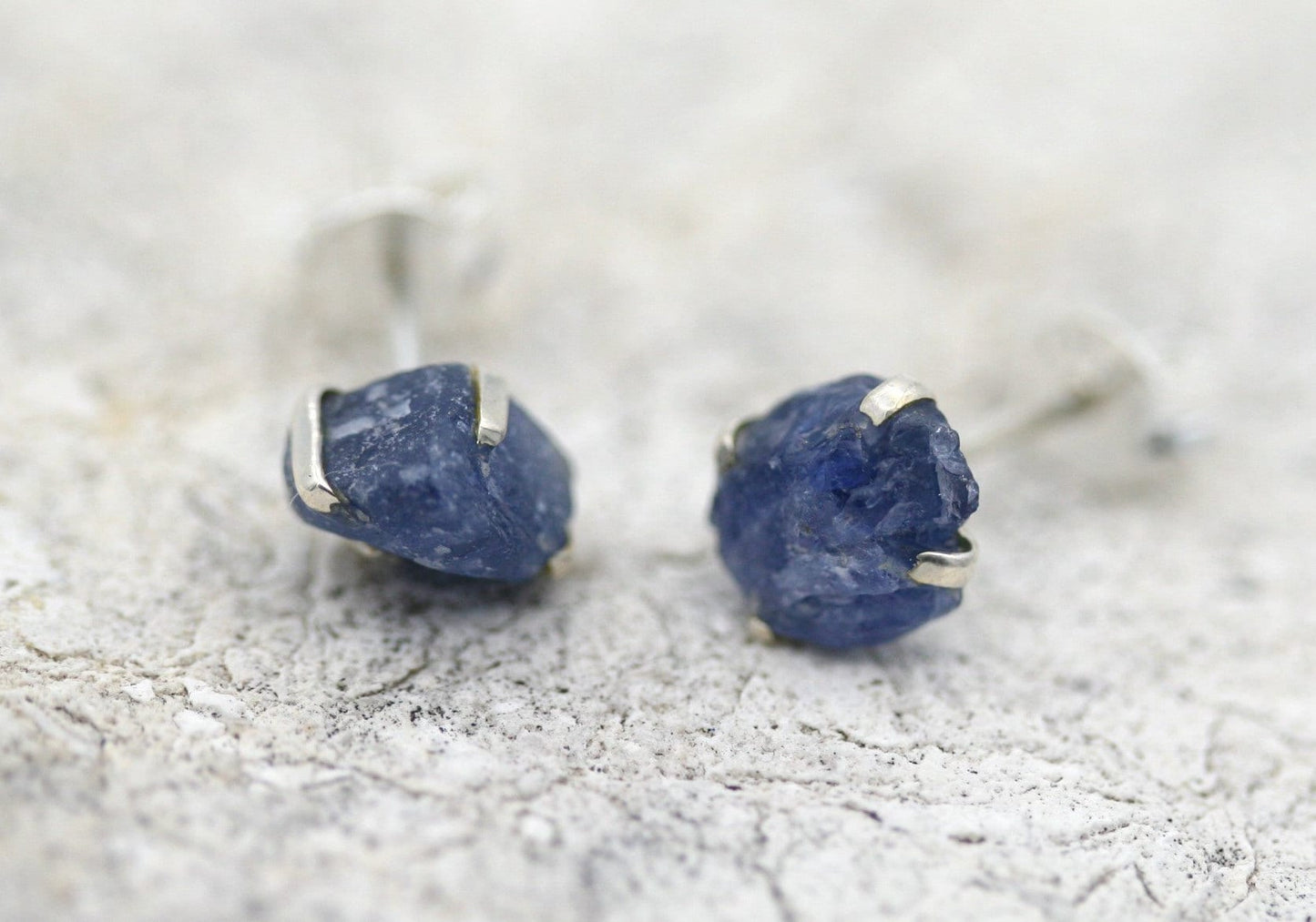 Raw Sapphire Stud Earrings in Sterling Silver
