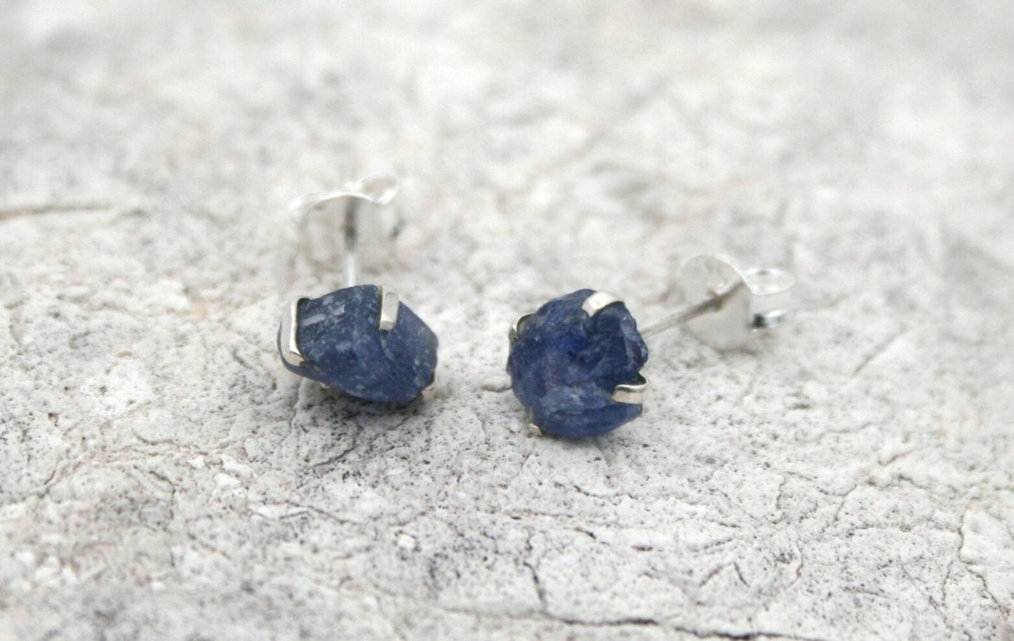 Raw Sapphire Stud Earrings in Sterling Silver