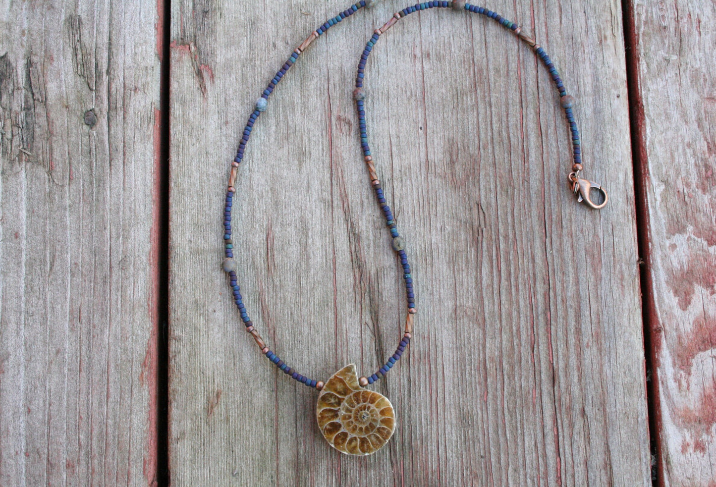 Ammonite Spiral Shell Necklace with seed beads