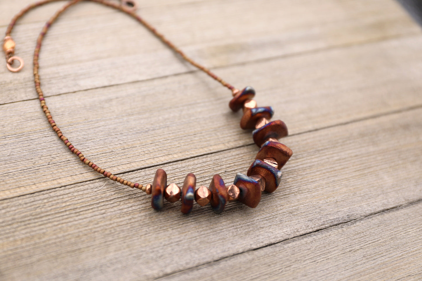 Raku Square Bead Necklace with Copper and Seed Beads