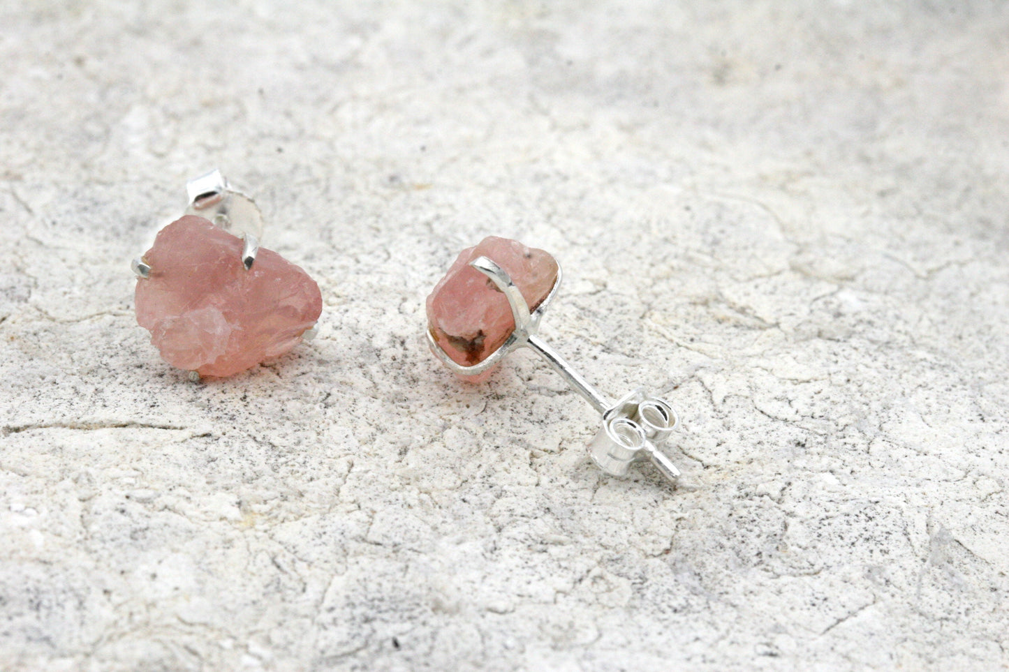 Raw Rose Quartz Stud Earrings in Sterling Silver