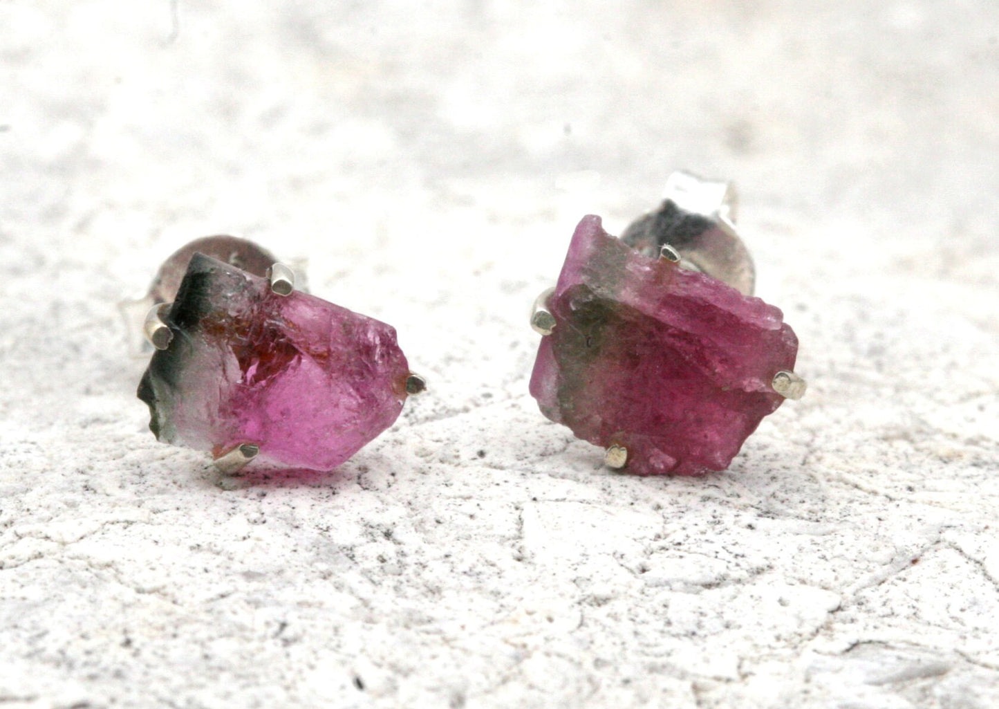 Raw Watermelon Tourmaline Stud Earrings