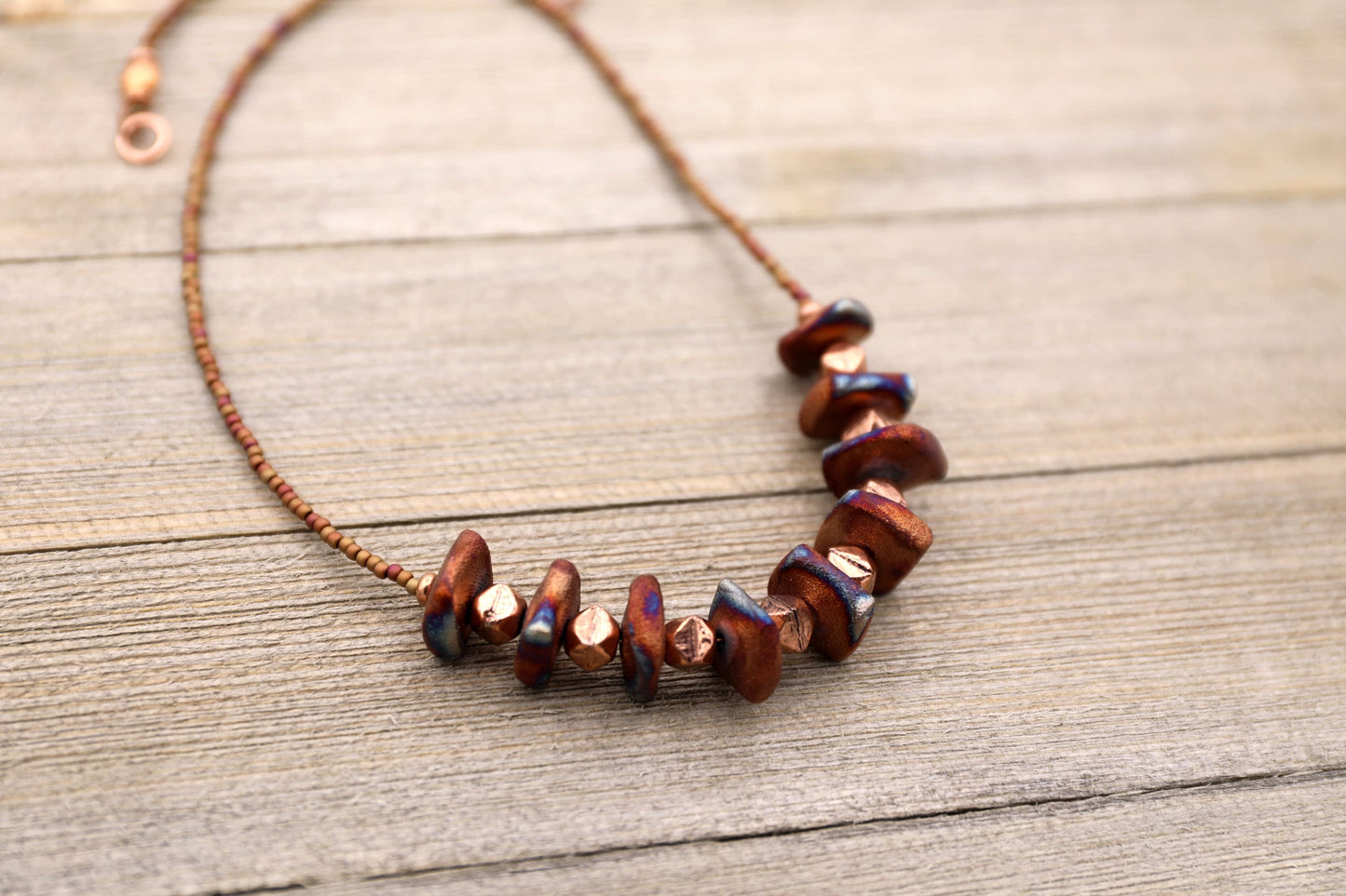 Raku Square Bead Necklace with Copper and Seed Beads