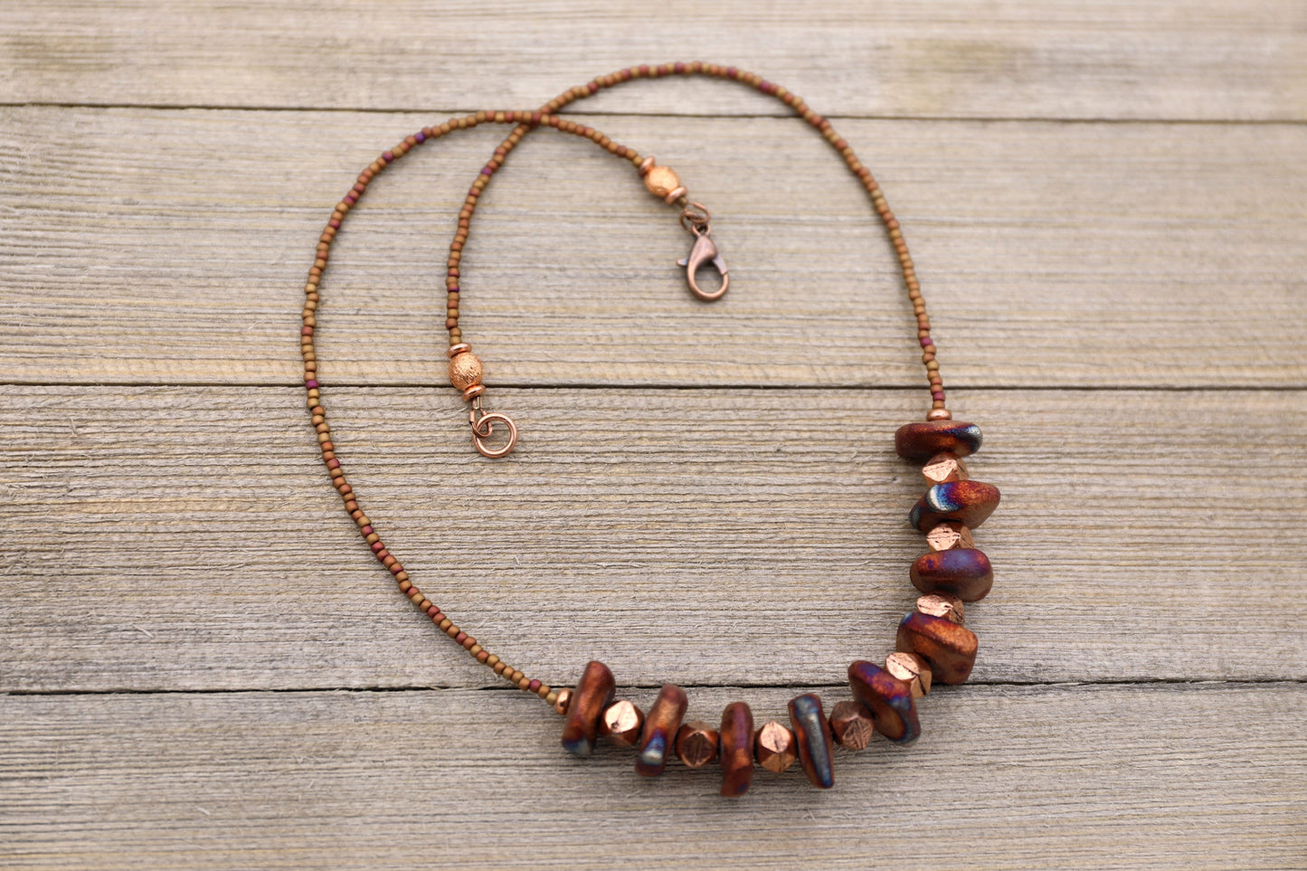 Raku Square Bead Necklace with Copper and Seed Beads