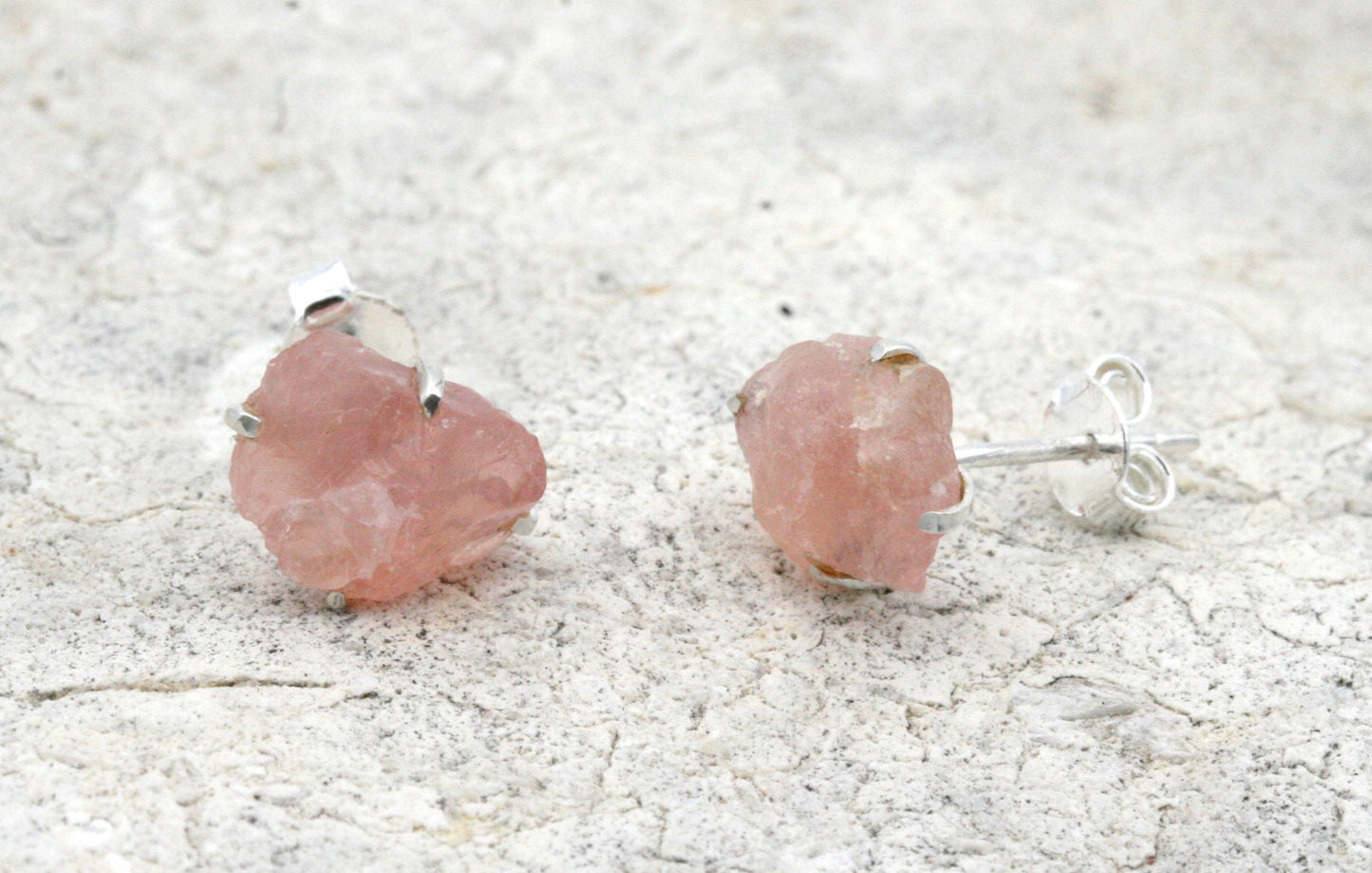 Raw Rose Quartz Stud Earrings in Sterling Silver