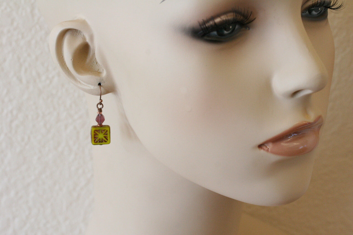 Rustic Yellow Czech Glass Square Earrings