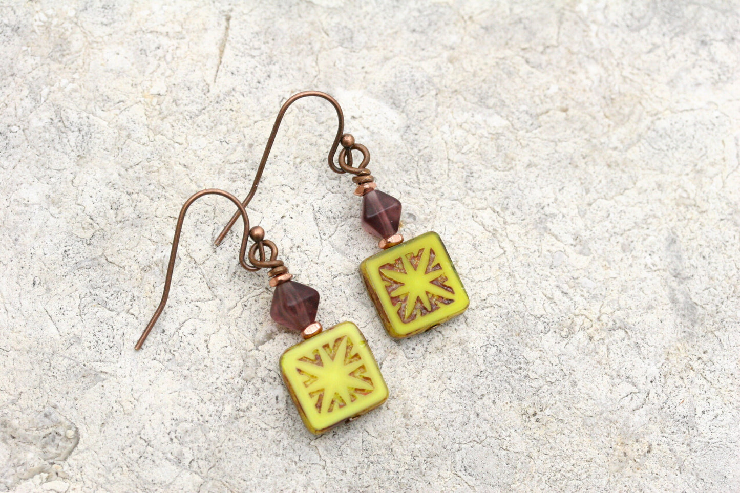 Rustic Yellow Czech Glass Square Earrings