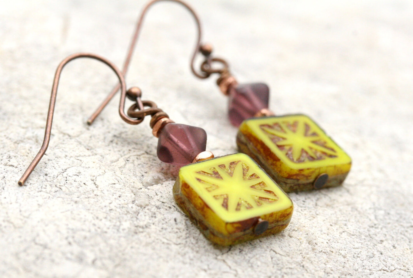 Rustic Yellow Czech Glass Square Earrings