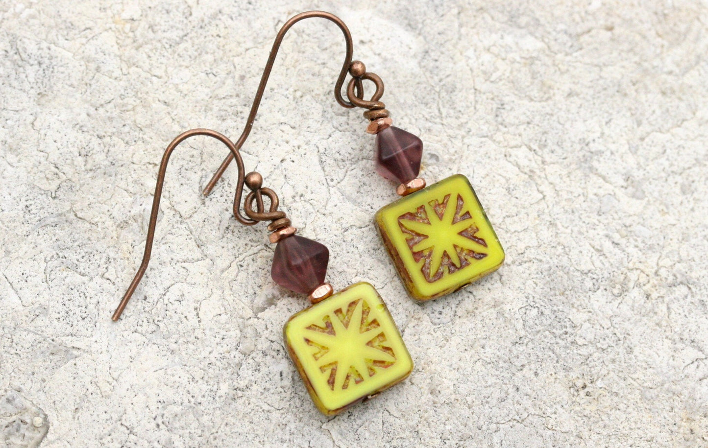 Rustic Yellow Czech Glass Square Earrings