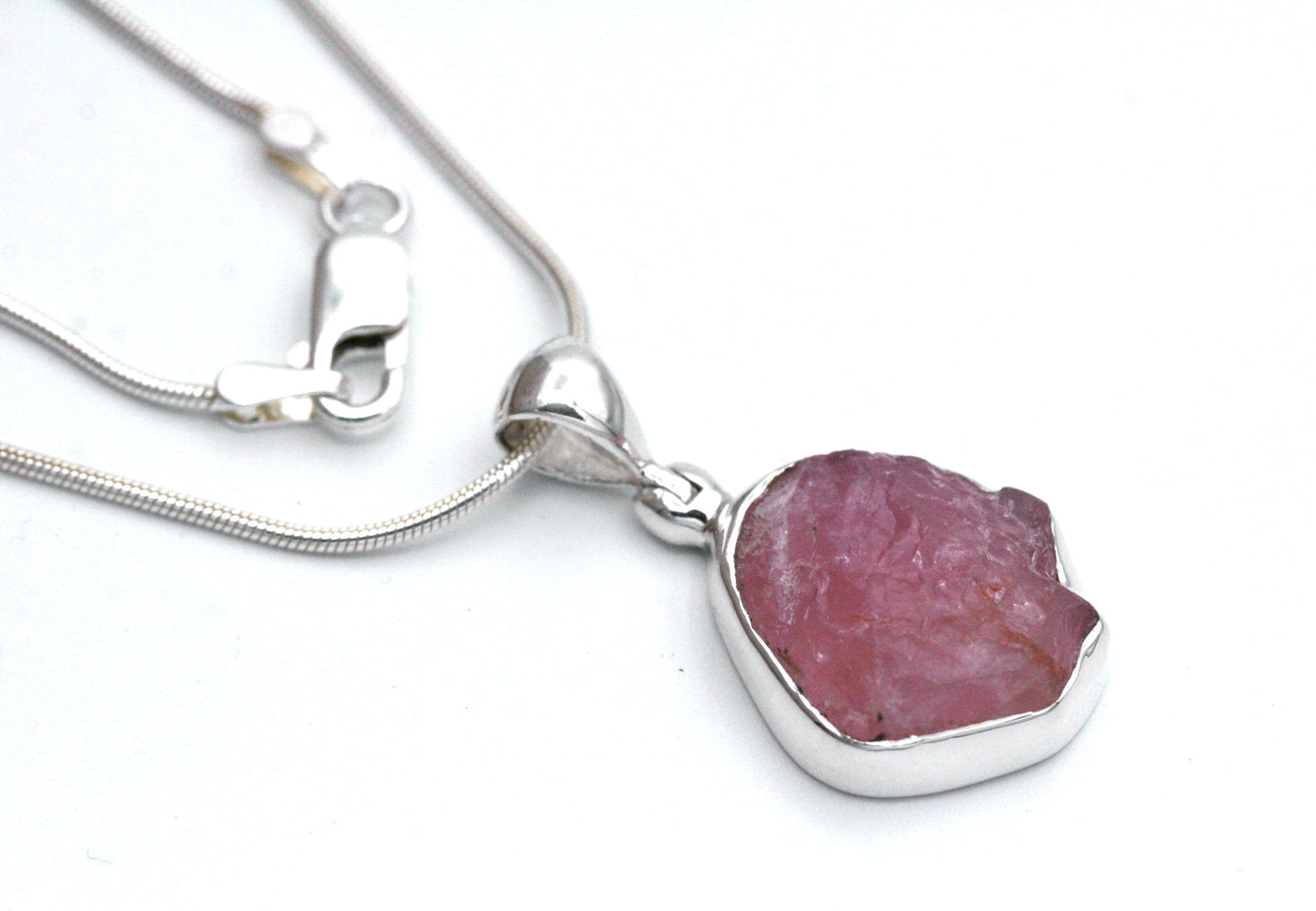 Raw Rose Quartz Necklace in sterling Silver