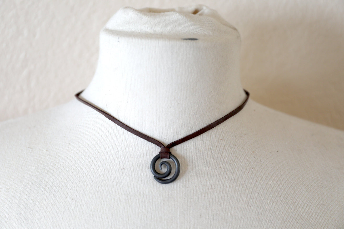 Small Iron Spiral with leather Cord Necklace