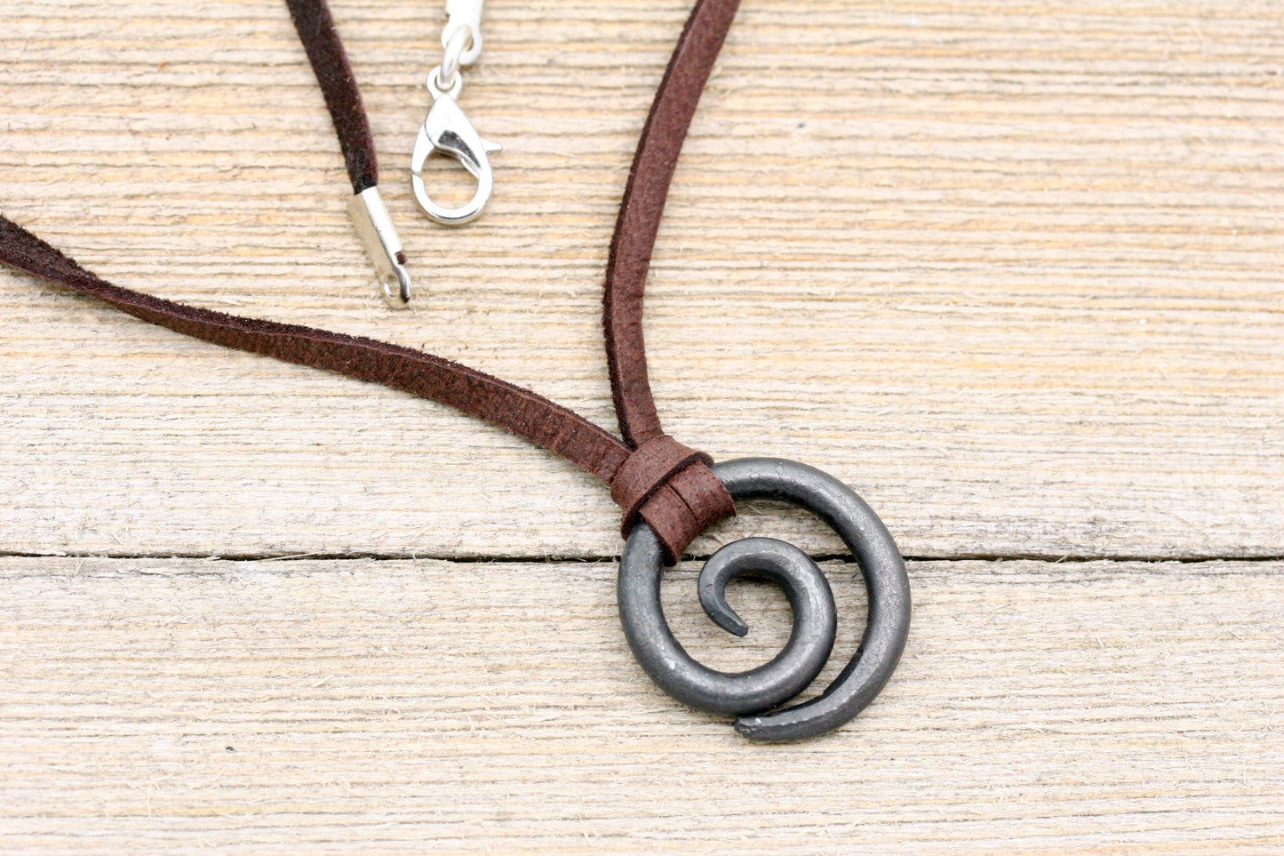 Small Iron Spiral with leather Cord Necklace