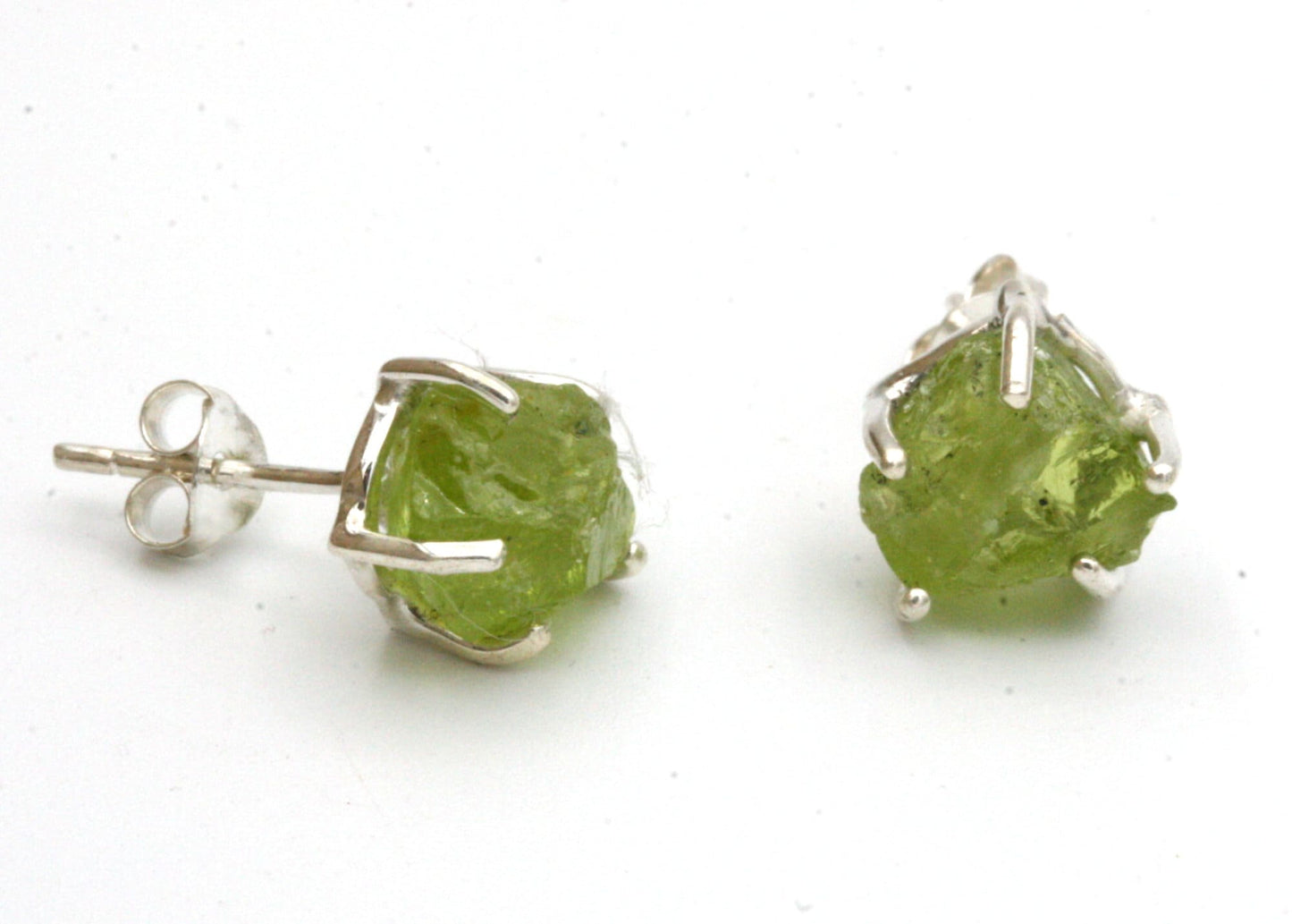 Raw Peridot Stud Earrings with Rhodium Plating