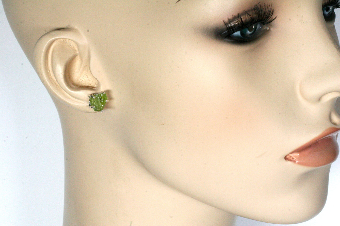 Raw Peridot Stud Earrings with Rhodium Plating