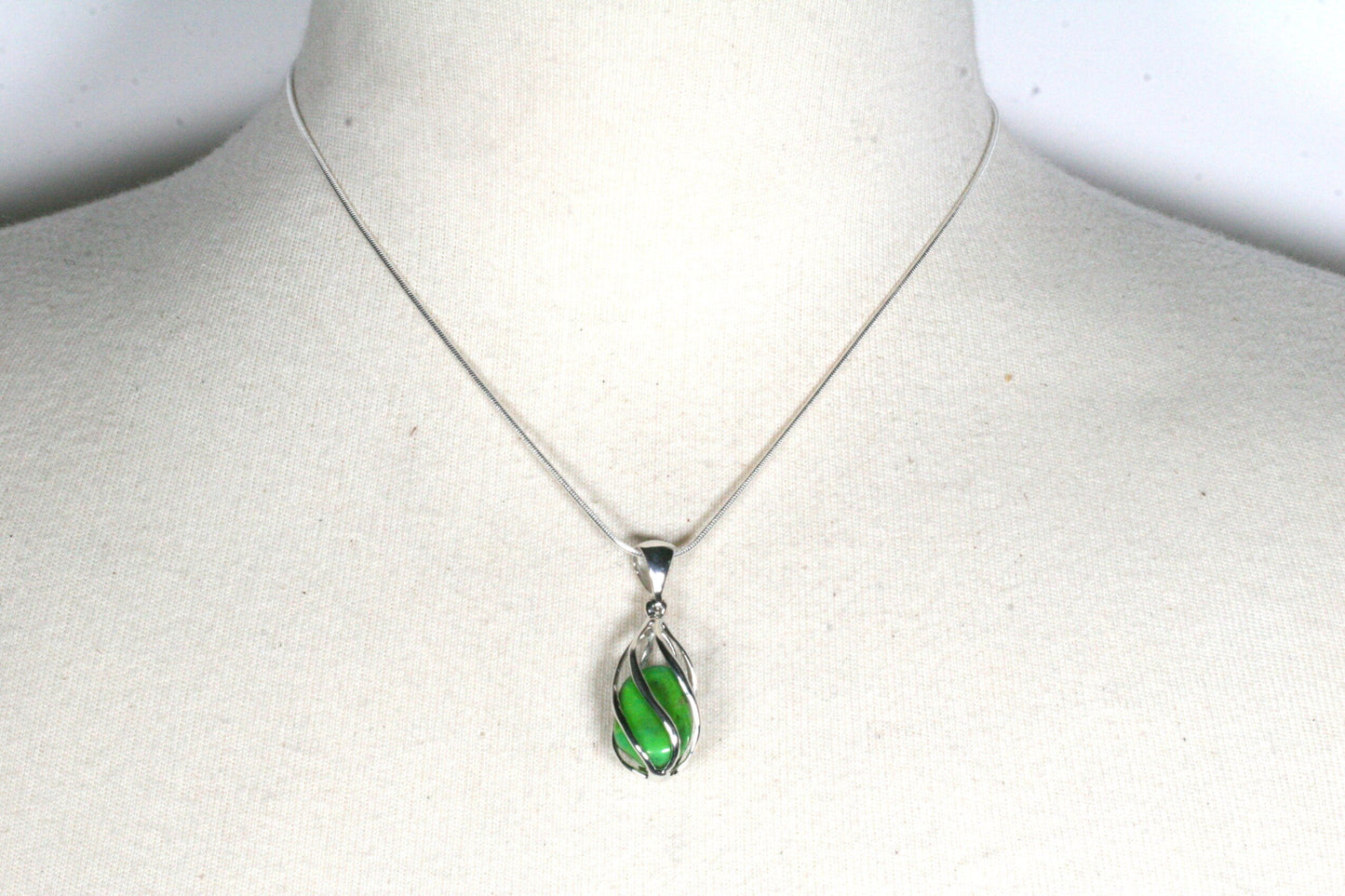Green Turquoise Cage Pendant in Sterling Silver