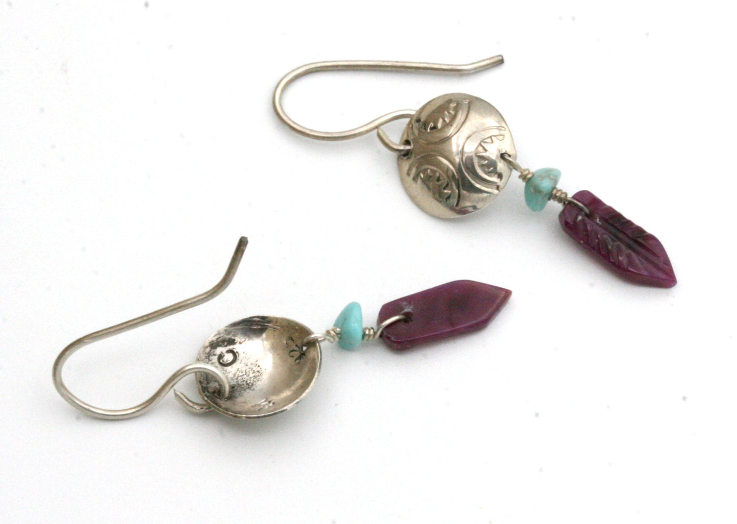 Sugilite and Turquoise Feather Earrings with Sterling Silver Conchos