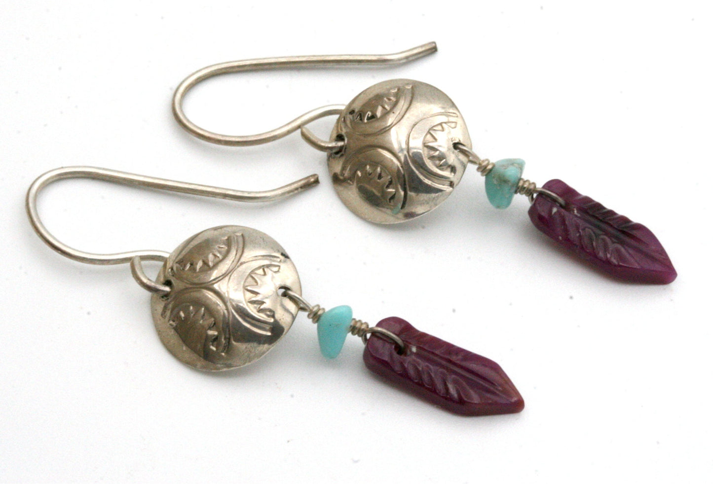 Sugilite and Turquoise Feather Earrings with Sterling Silver Conchos