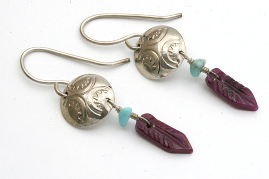 Sugilite and Turquoise Feather Earrings with Sterling Silver Conchos