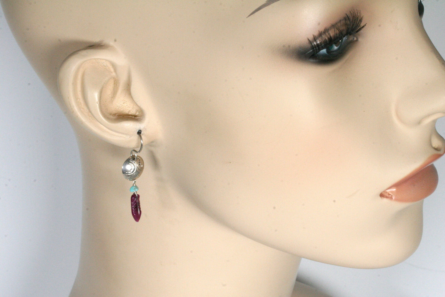 Sugilite and Turquoise Feather Earrings with Sterling Silver Conchos