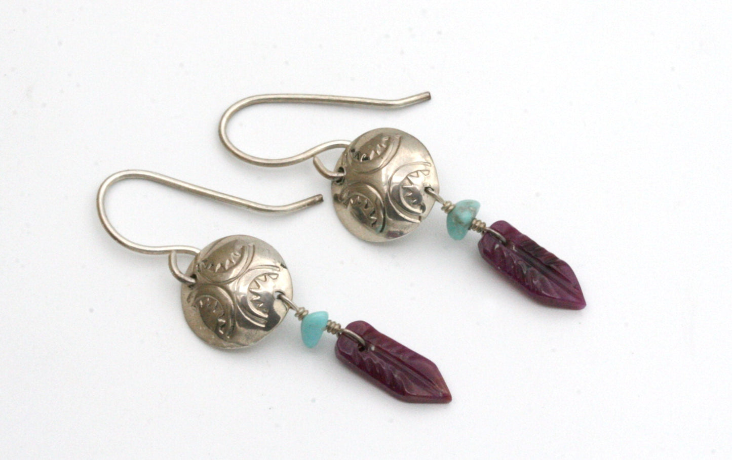 Sugilite and Turquoise Feather Earrings with Sterling Silver Conchos