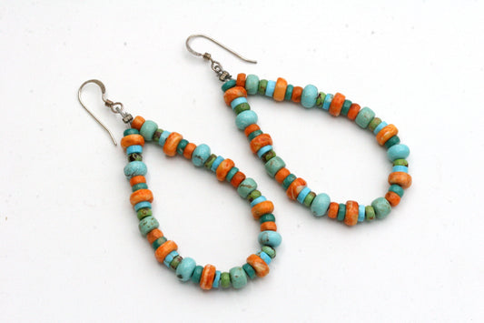 Southwestern Turquoise and Coral Hoop Earrings