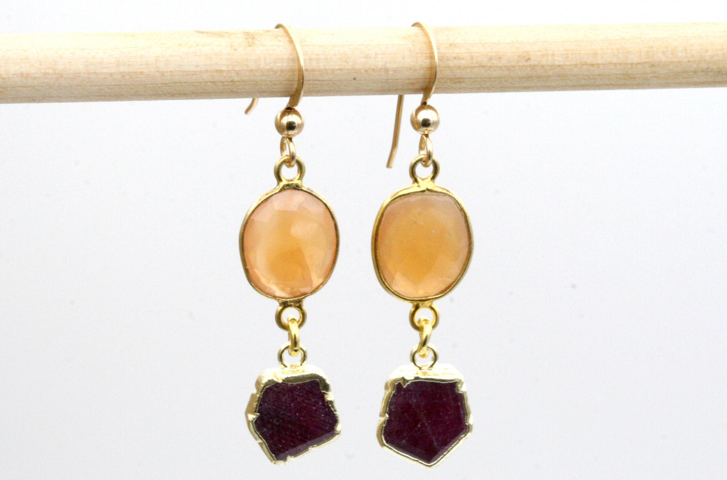 Peach Moonstone and Ruby Drop Earrings