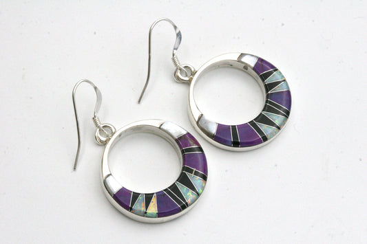 Sterling Silver Hoop Earrings with Purple Inlay