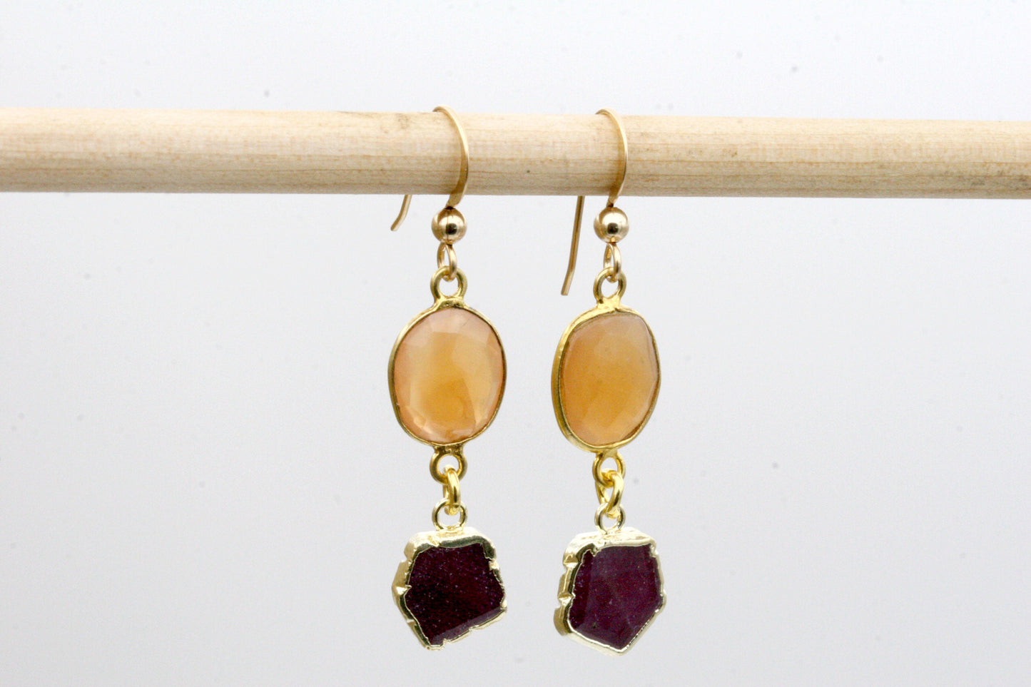 Peach Moonstone and Ruby Drop Earrings