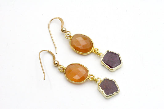 Peach Moonstone and Ruby Drop Earrings