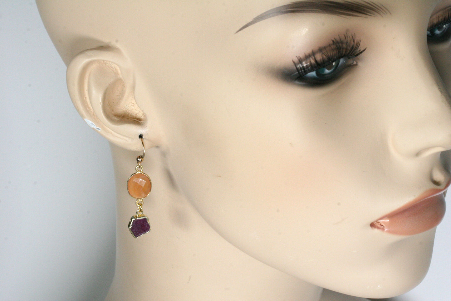 Peach Moonstone and Ruby Drop Earrings
