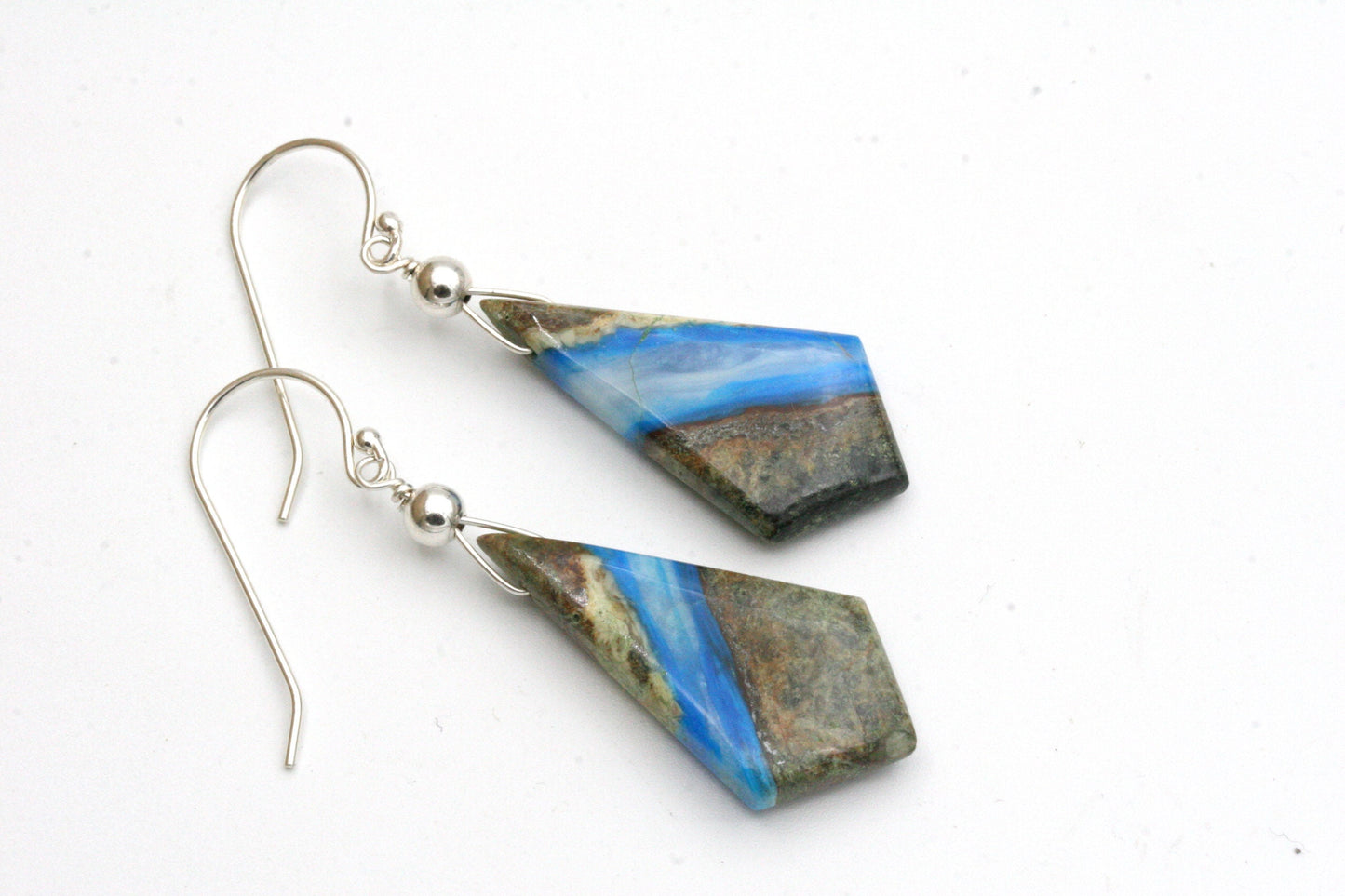 Blue Opal in Petrified Wood Sterling Silver Earrings