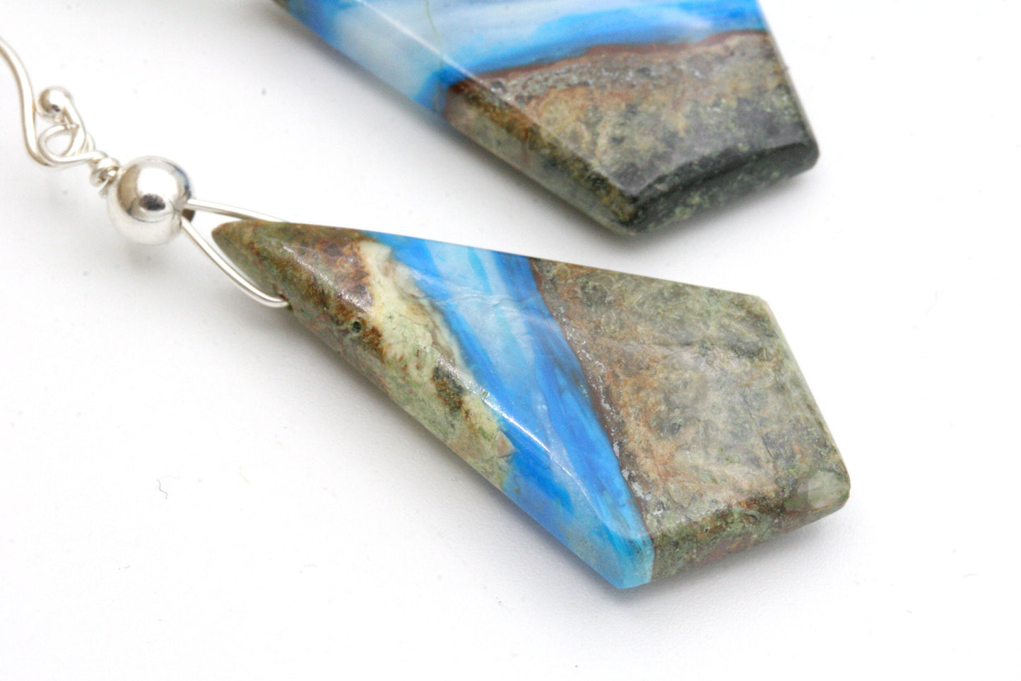 Blue Opal in Petrified Wood Sterling Silver Earrings