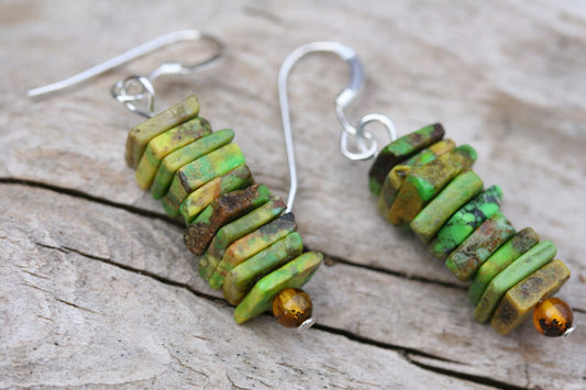 Rustic Green Turquoise Chip & Amber Earrings with Sterling Silver