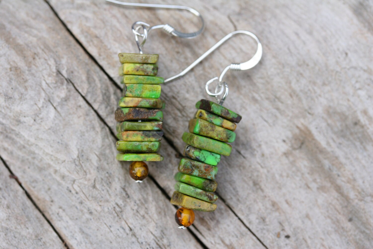 Rustic Green Turquoise Chip & Amber Earrings with Sterling Silver