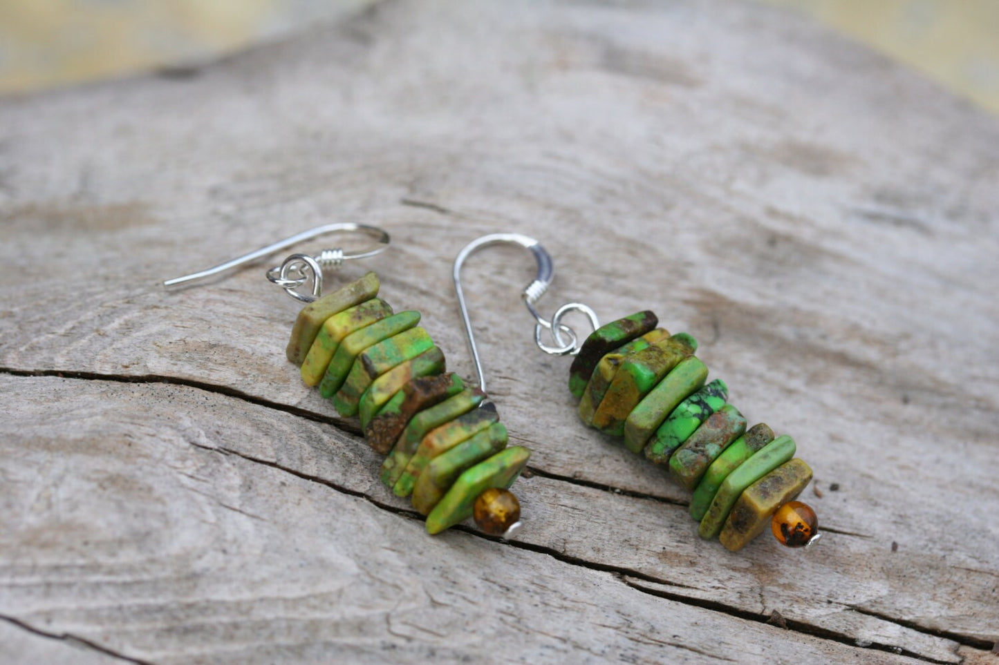 Rustic Green Turquoise Chip & Amber Earrings with Sterling Silver