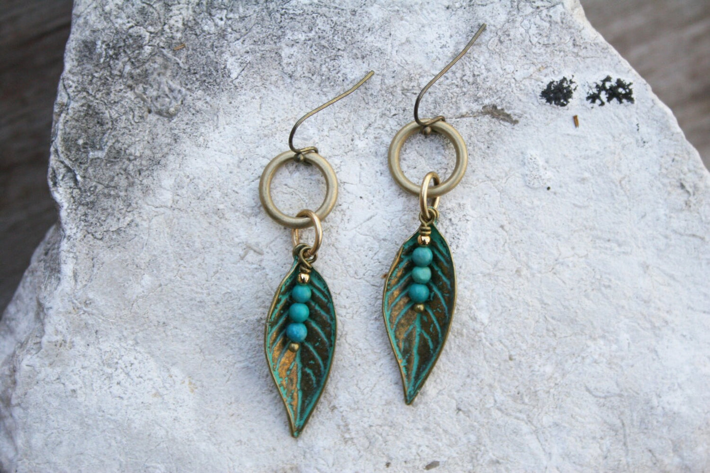 Boho Bronze Patina Leaf Earrings with Turquoise